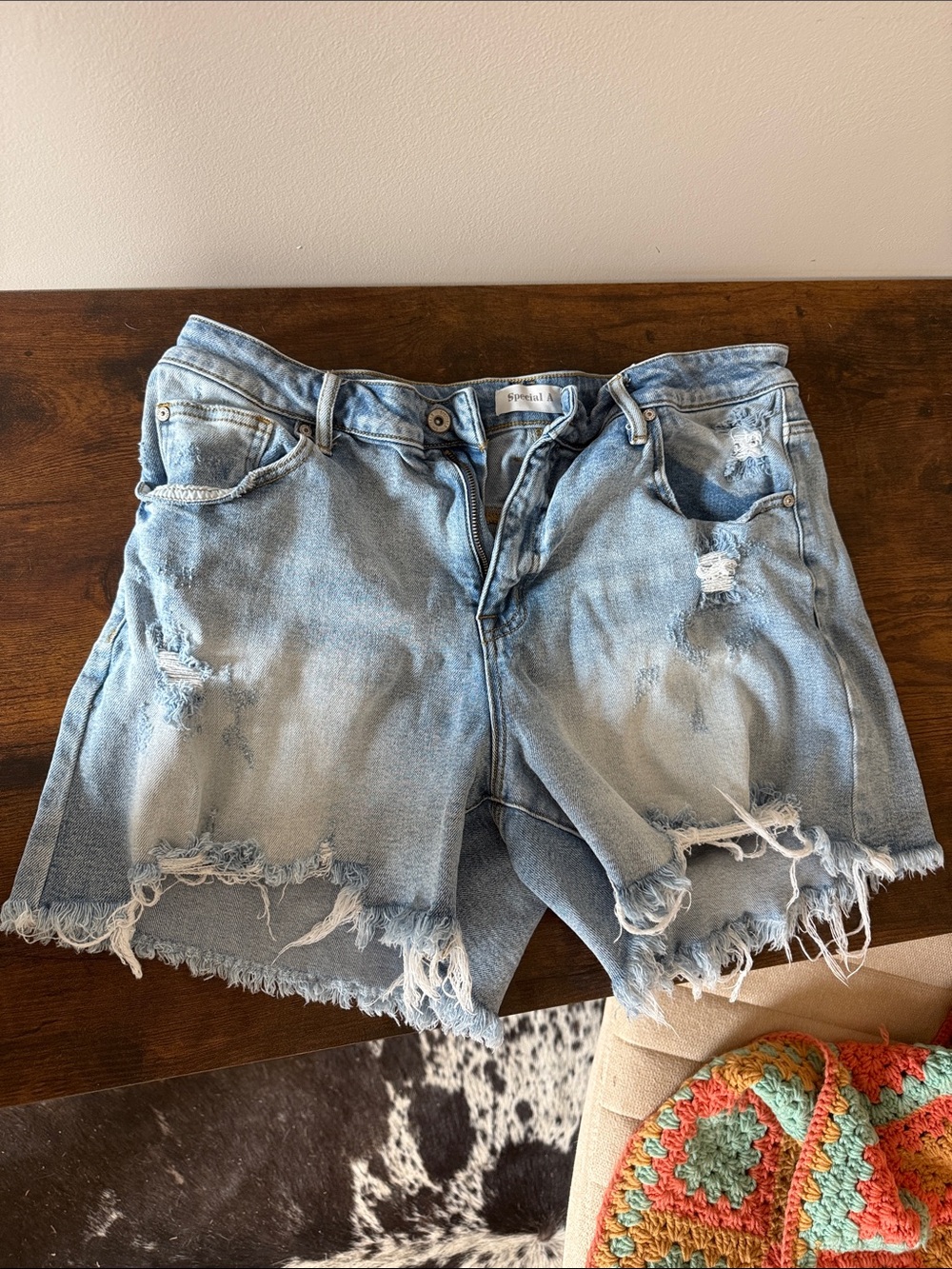 Light Blue Distressed Denim Jean Shorts - Women's Casual Cut